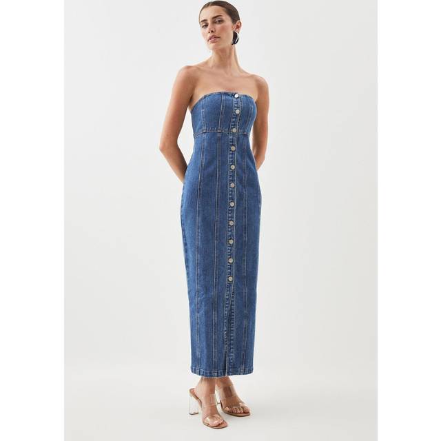 Denim Bandeau Button Midi Dress - Mid Wash