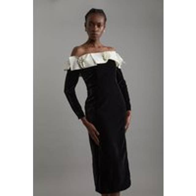 Petite Velvet Bardot Bodycon Woven Midi Dress With Taffeta Rosette - Black
