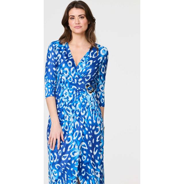 Animal Print 3/4 Sleeve Midi Wrap Dress - Blue - Size 14 - Izabel London