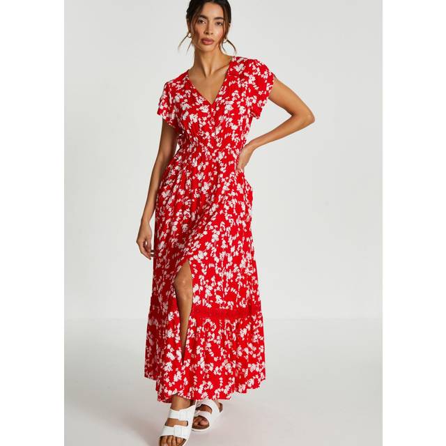 Quiz Womens Red Ditsy Floral Crochet Trim Maxi Dress - Size 20 UK
