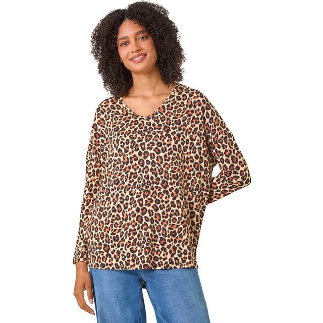 Roman Womens Animal Print V-Neck Tunic Stretch Top - Beige - Size 12 UK