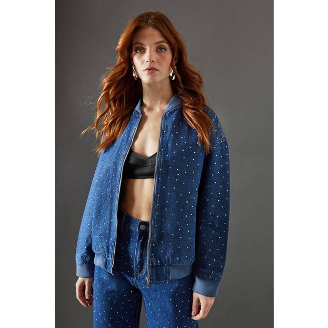 Womens Denim All Over Hotfix Bomber Jacket - Grey - 10