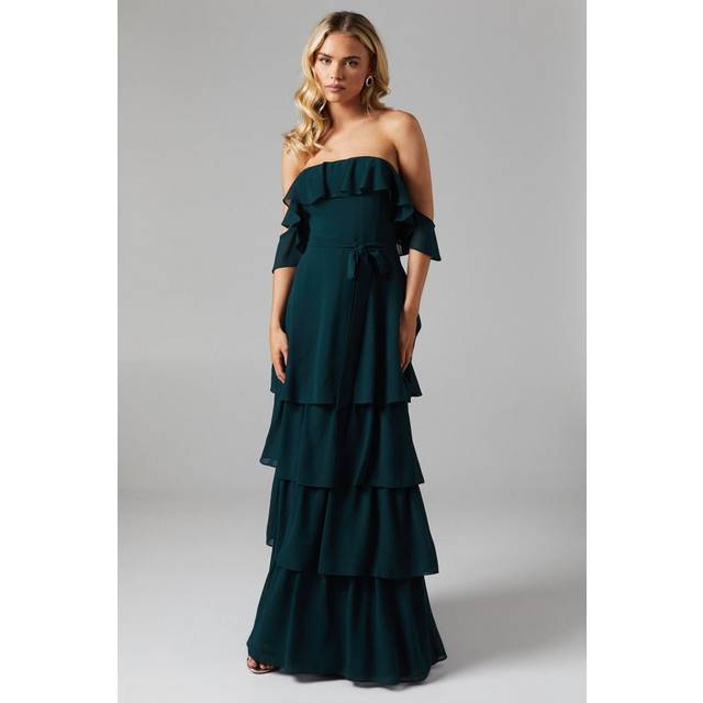 Oasis Womens Petite Bardot Tiered Georgette With Tie Detail Bridesmaids Dress - Emerald - Size 8 UK