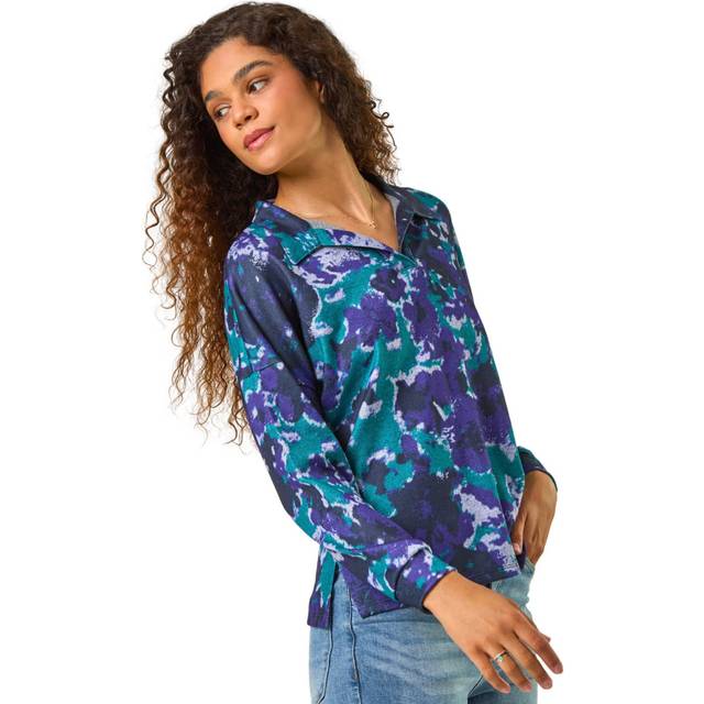 Roman Womens Abstract Print V-Neck Collar Top - Navy - Size 20 UK
