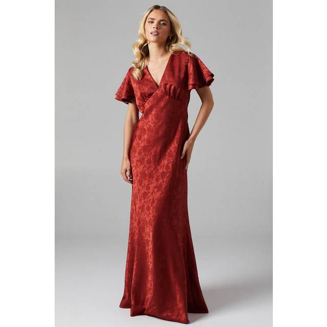 Oasis Womens Petite V Neck Angel Sleeve Satin Jacquard Bridesmaids Dress - Rust - Size 10 UK