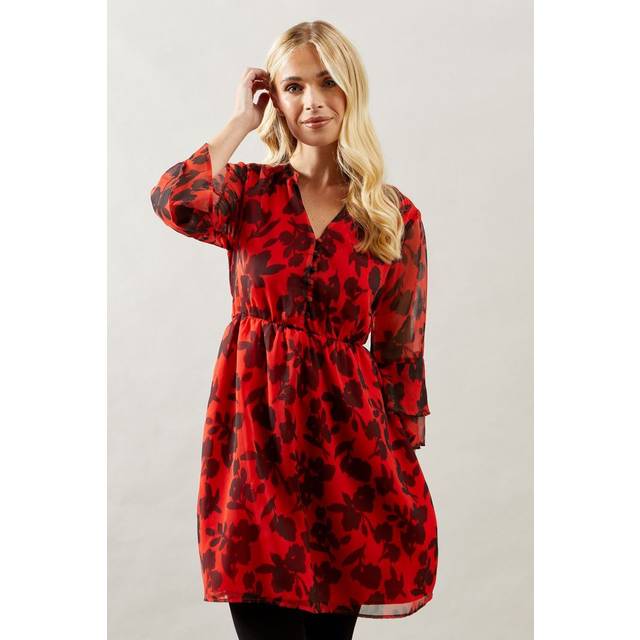 Womens Petite Red Floral Abstract Shirred Waist Midi Dress - 18