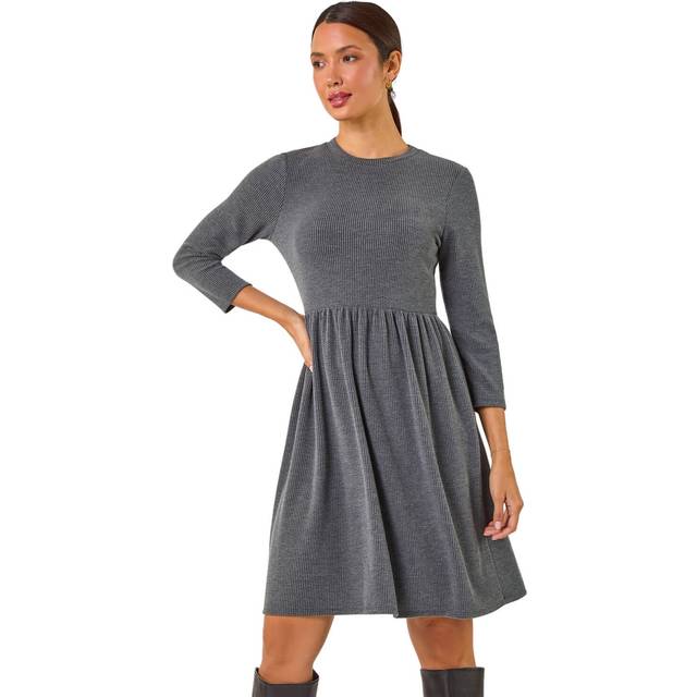 Ribbed Gathered Waist Stretch Dress - Grey - Size 14 - Roman