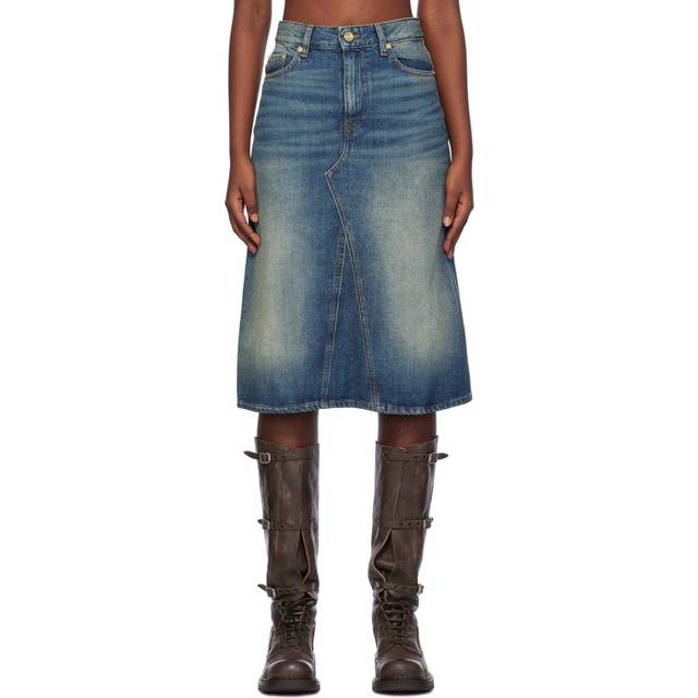GANNI Blue Heavy Washed Denim Midi Skirt - 567 Mid Blue Vintage - DK 44