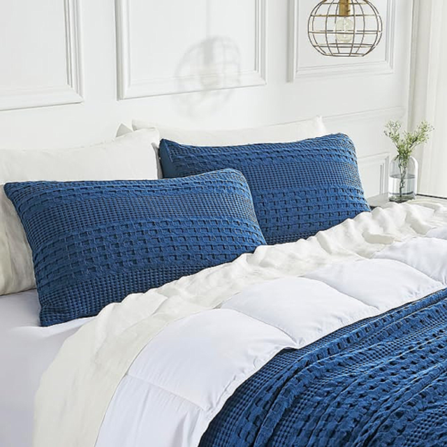 VHC Brands 100% Cotton Waffle Weave Navy Blue King Size Sham Set of 2 20x36  Decorative Throw Pillow Covers/Shams  Boho Farmhouse Bedroom Decor