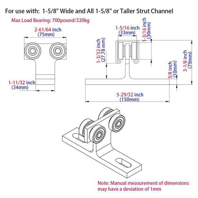 2Pcs 4 Wheel Trolley Assembly,for 1-5/8In Wide and All 1-5/8In or Tallers Strut Channel,Load 900 Pounds,Bearing Assembly