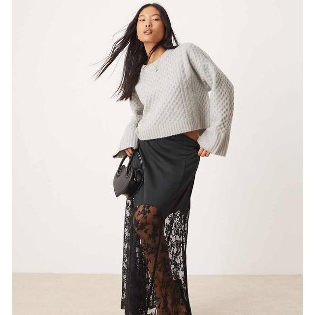 River Island Womens Petite Black Satin Lace Midi Skirt - 4