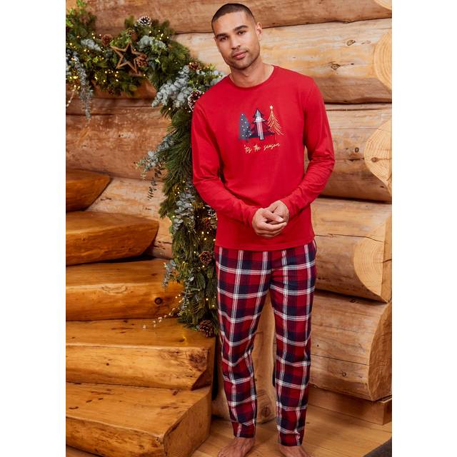 Cotton Long Sleeve Christmas Check Pyjama Set - Red - Extra Large - Threadbare