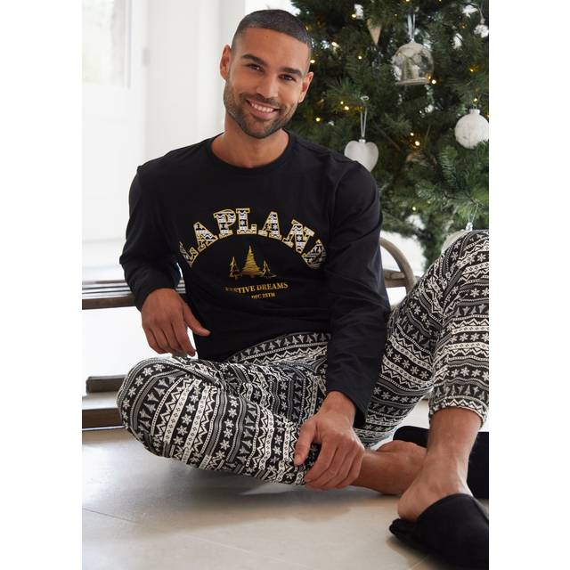 Cotton Long Sleeve Christmas Fairisle Pyjama Set - Black - Medium - Threadbare