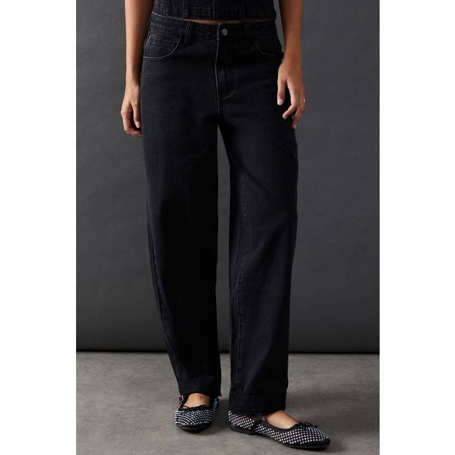 Warehouse womens barrel jeans lace trim mid rise black denim comfort