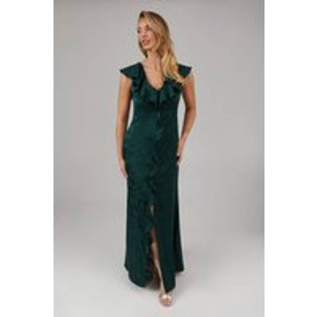 Oasis Womens Satin Jacquard Ruffle V Neck Bridesmaids Dress - Emerald - Size 16 UK