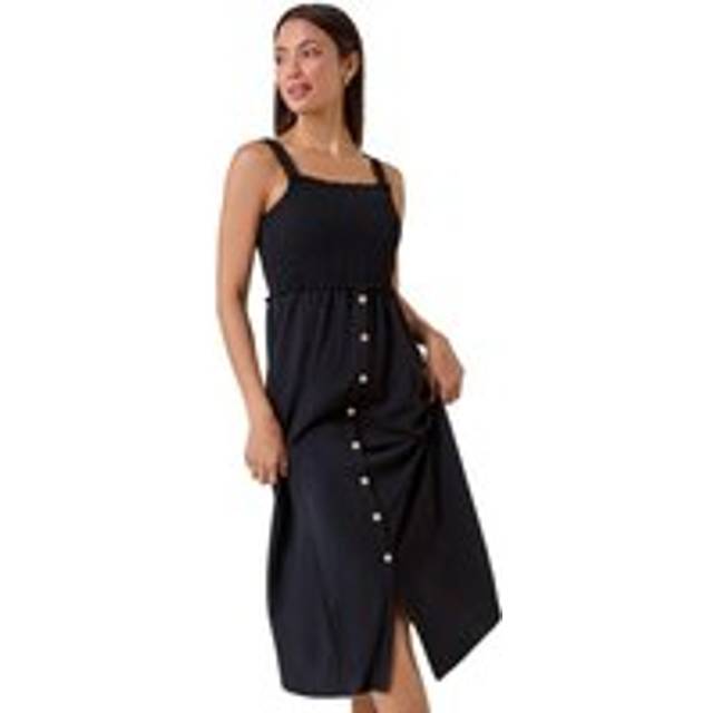 Roman Womens Plain Shirred Button Detail Midi Dress - Black - Size 20 UK