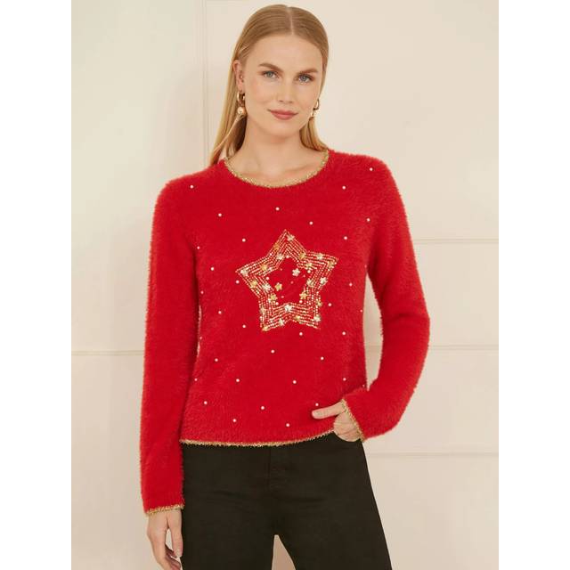 Red Fluffy Star Christmas Jumper
