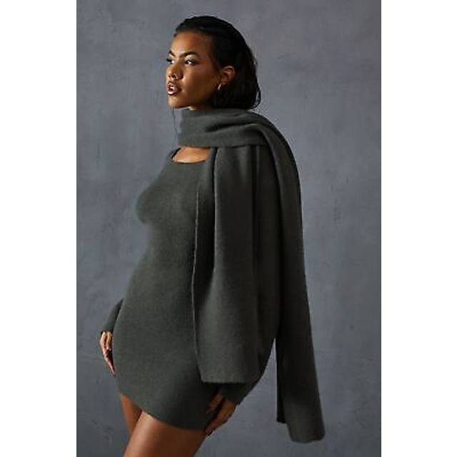 Womens Knitted Slash Neck Scarf Detail Mini Dress - Grey - S/M