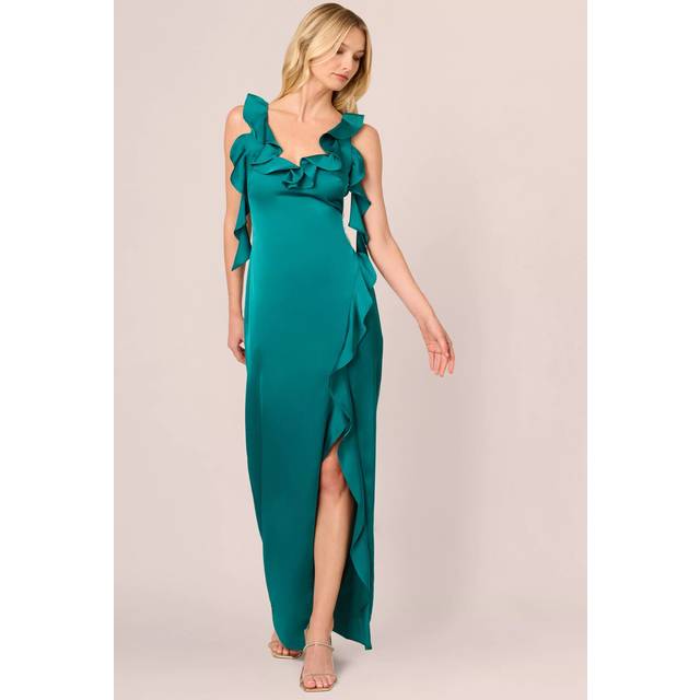 Stretch Satin Ruffle Long Dress In Deep Emerald - 4