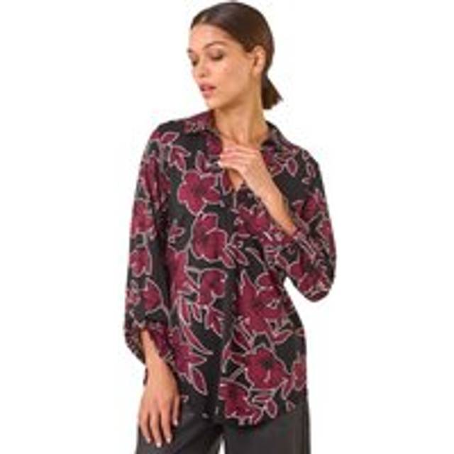 Floral Print V-Neck Collar Top - Purple - 12