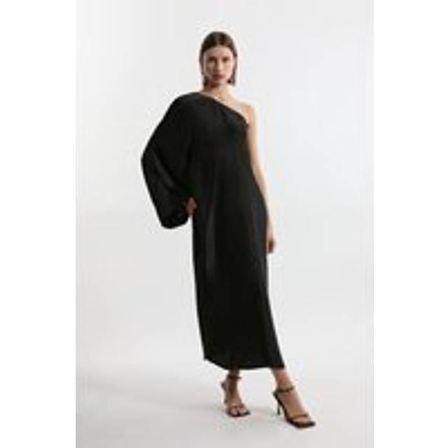 One Shoulder Draped Satin Woven Maxi Dress - Black