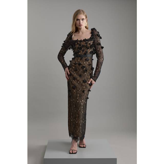 Lace Petal Applique Woven Midi Dress - Black_Nude