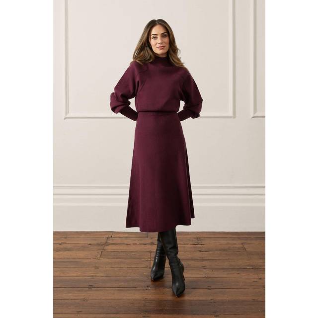 Wool Look Rounded Sleeve Knit Midi Dress - Red