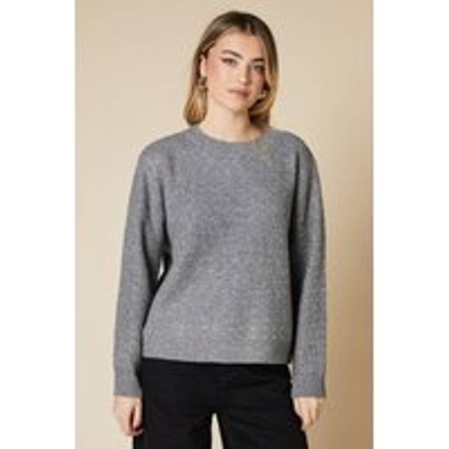 Womens Diamante Waffle Knitted Crew Neck Jumper - Grey - S/M