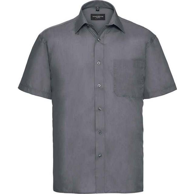 (17in-17.5in, Convoy Grey) Russell Collection Mens Poplin Easy-Care Short-Sleeved Formal Shirt