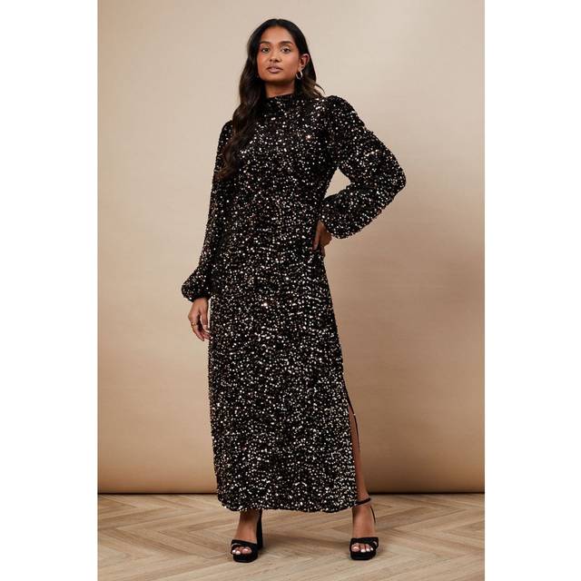 Oasis womens fit flare dress black long sleeve sequin woven midi