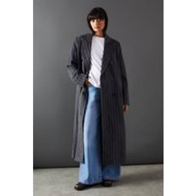 Womens Pinstripe Wool Mix Oversized Double Breasted Maxi Coat - Grey - 12