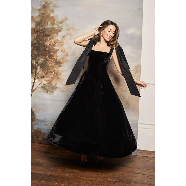 Lydia Millen Velvet Bardot Woven Prom Midaxi Dress With Taffeta Bow - Black
