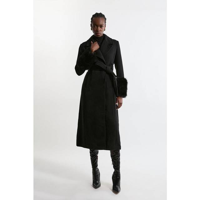 Petite Wool Blend Detachable Faux Fur Belted Coat - Black