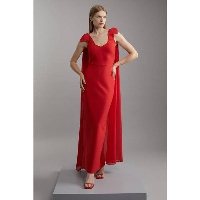 Bandage Figure Form Knit Maxi Dress With Chiffon Cape - Red