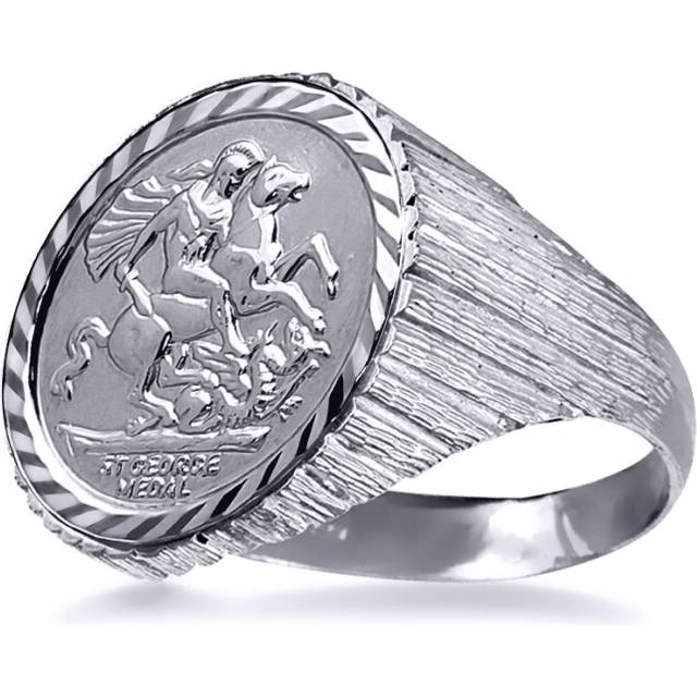 (Z) Jewelco London Men's Solid 925 Silver Ribbed Barked St George & Dragon Medallion Ring (Half Sov Size)