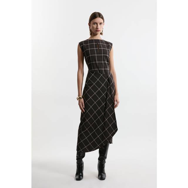 Check Ruffle Tailored Midaxi Dress - Brown