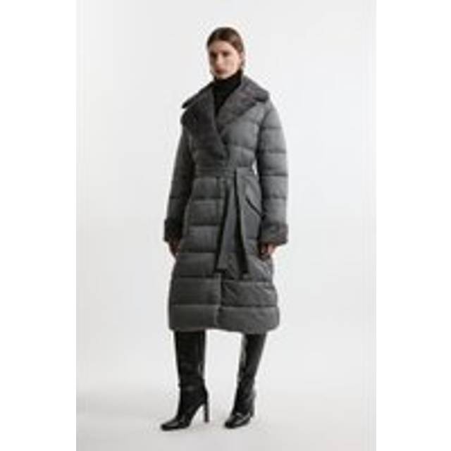 Faux Fur Lined Belted Longline Puffer Coat - Grey
