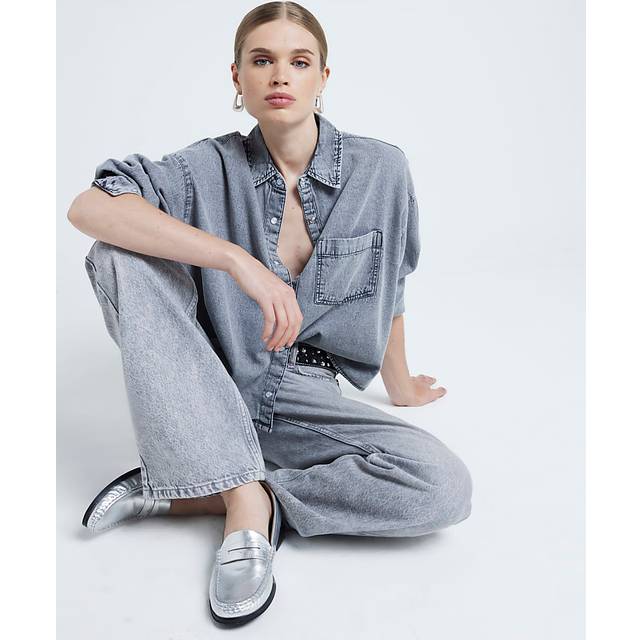 River Island Womens Silver Leather Loafers - 8