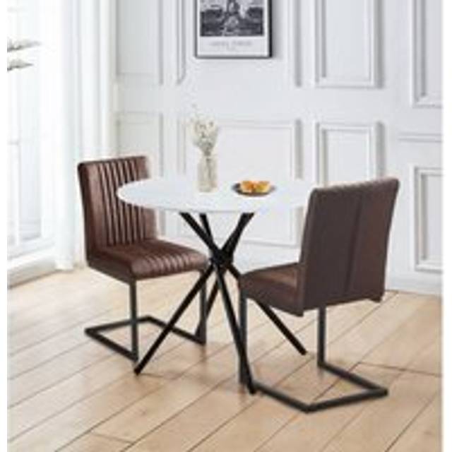 Hallowood Furniture - Cullompton Small Round Dining Table and Chairs Set 2, White Marble Effect Kitchen Table with Brown Leather Effect Dining