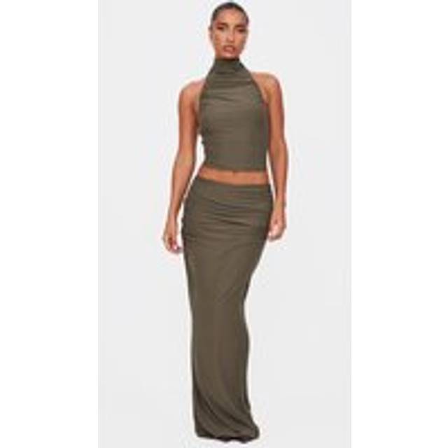 Khaki Soft Touch Ruched Maxi Skirt, Green - 10