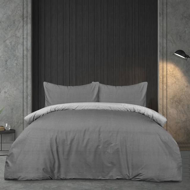 (Single) Luxury Reversible Pinstripe Duvet Cover Set- Grey