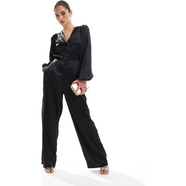 Vero Moda – Svart jumpsuit i satin med knut framtill-Svart/a