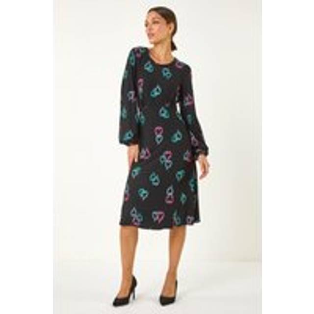 Roman Black Heart Print Tea Stretch Midi Dress - Size 10