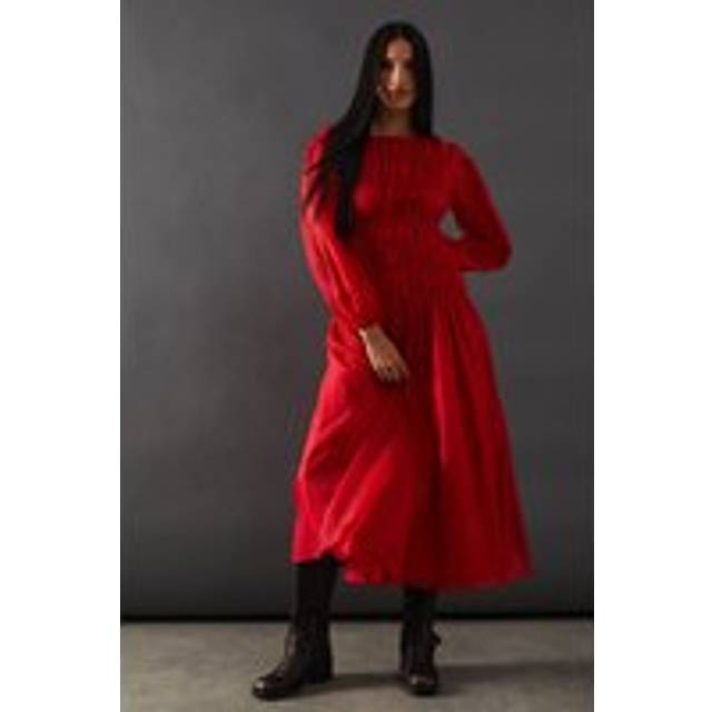 Womens Shirred Chiffon Panel Bodice Midi Dress - dark red - Dark Red - 6