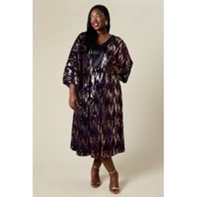 Womens Curve Kimono Sleeve Sequin Midi Dress - Plum - 20