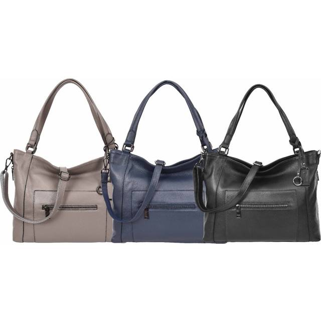 Womens Real Leather Handbag Tote Shoulder Bag Evelyn Black - Grey - Large