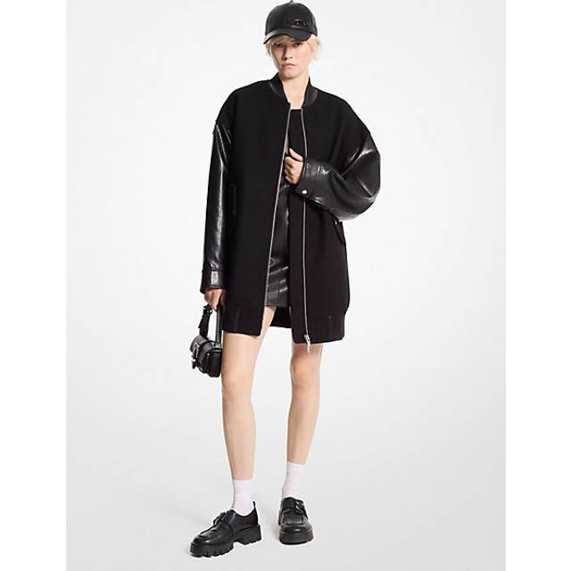 MK Oversized Mixed-Media Bomber Jacket - Black - Michael Kors