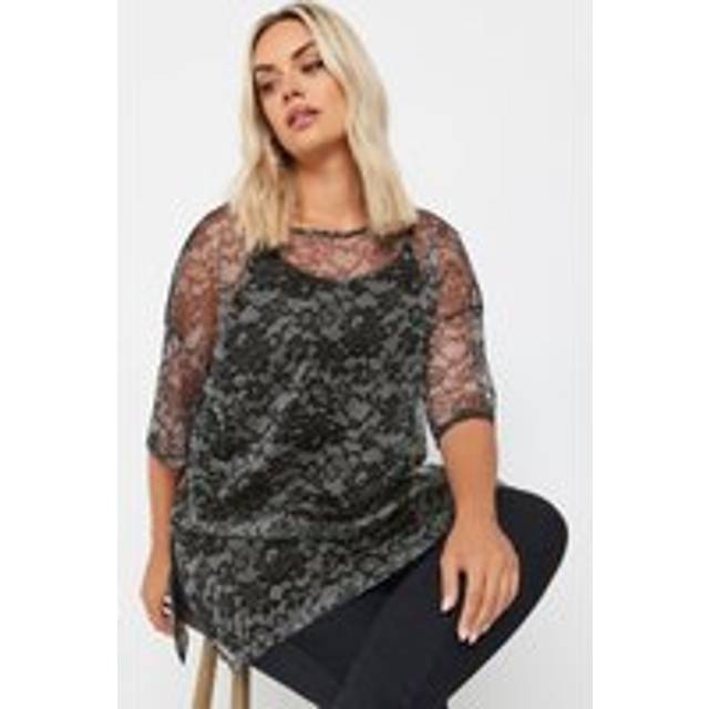 Yours Curve Black & Grey Floral Print Oversized Mesh Top, Women's Curve & Plus Size, Yours - 30-32
