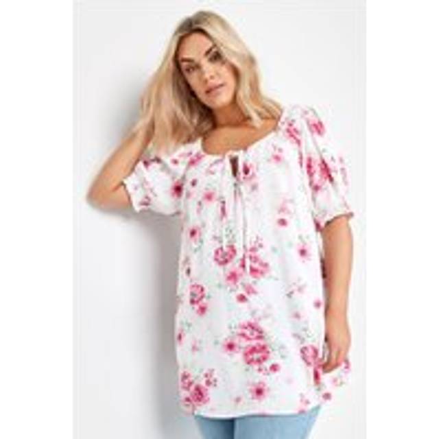 Yours Curve White & Pink Floral Print Tie Neck Top, Women's Curve & Plus Size, Yours - 38-40