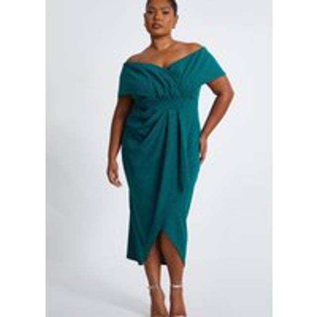 Womens Green Curve Glitter Bardot Midi Dress - 26